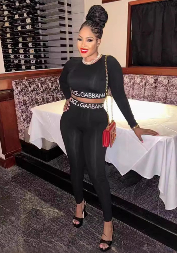 Women's American Sexy Long Sleeve Crop Top Tight Fitting Sport Pants Set