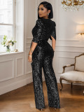 Sexy V-Neck Half-Sleeve Slim Sequin Women Party Jumpsuit