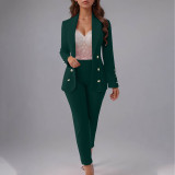 Women's Fashion Button Front Slim Fit Turndown Collar Chic Blazer Pants Set