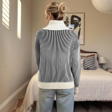 Women's Autumn Winter Casual Turndown Collar Patchwork Striped Sweater