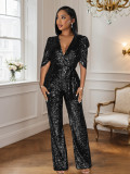 Sexy V-Neck Half-Sleeve Slim Sequin Women Party Jumpsuit