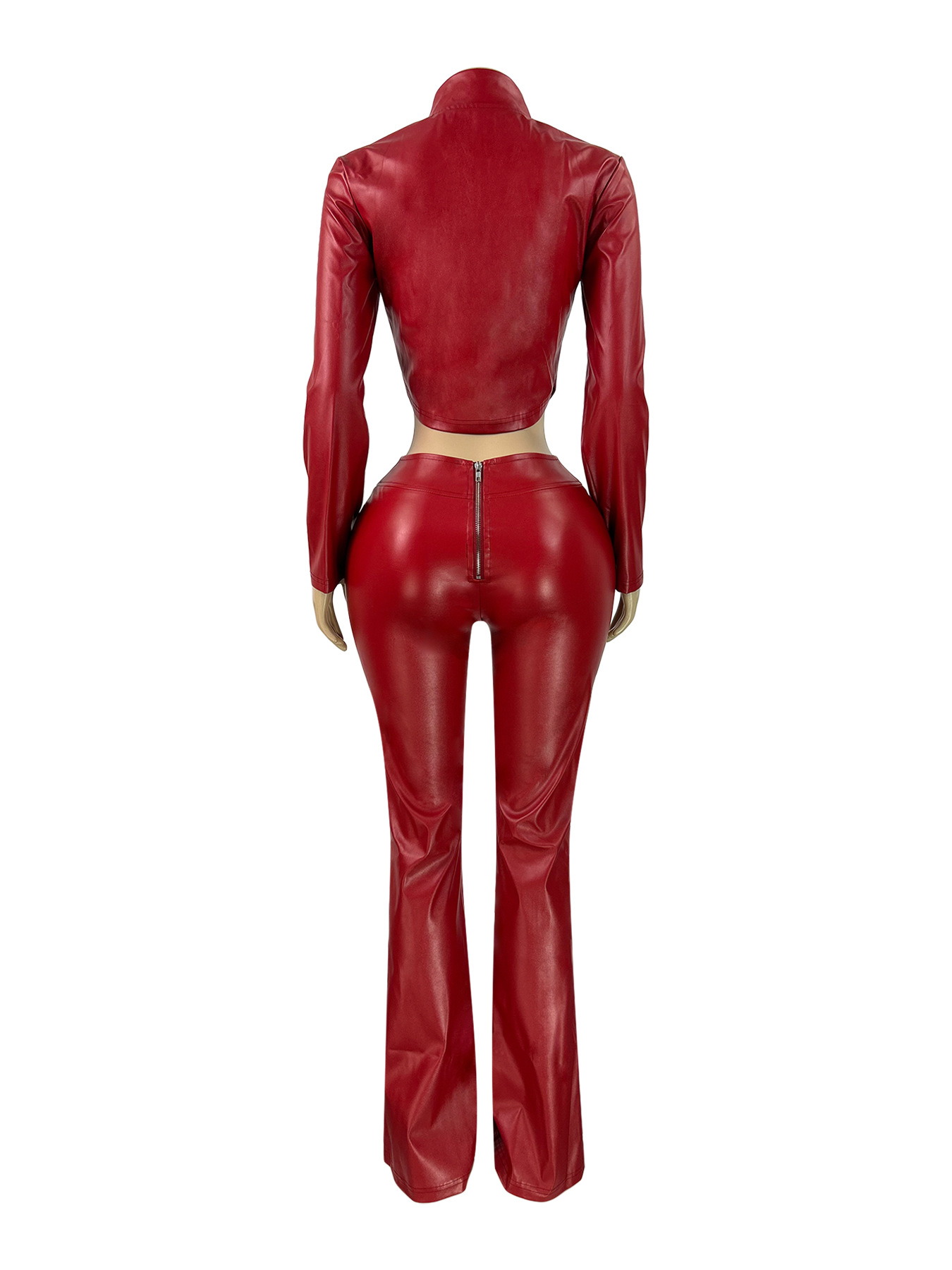 Women's Fashion Slim Fit Zipper Stretch Leather Casual Flared Pants Set