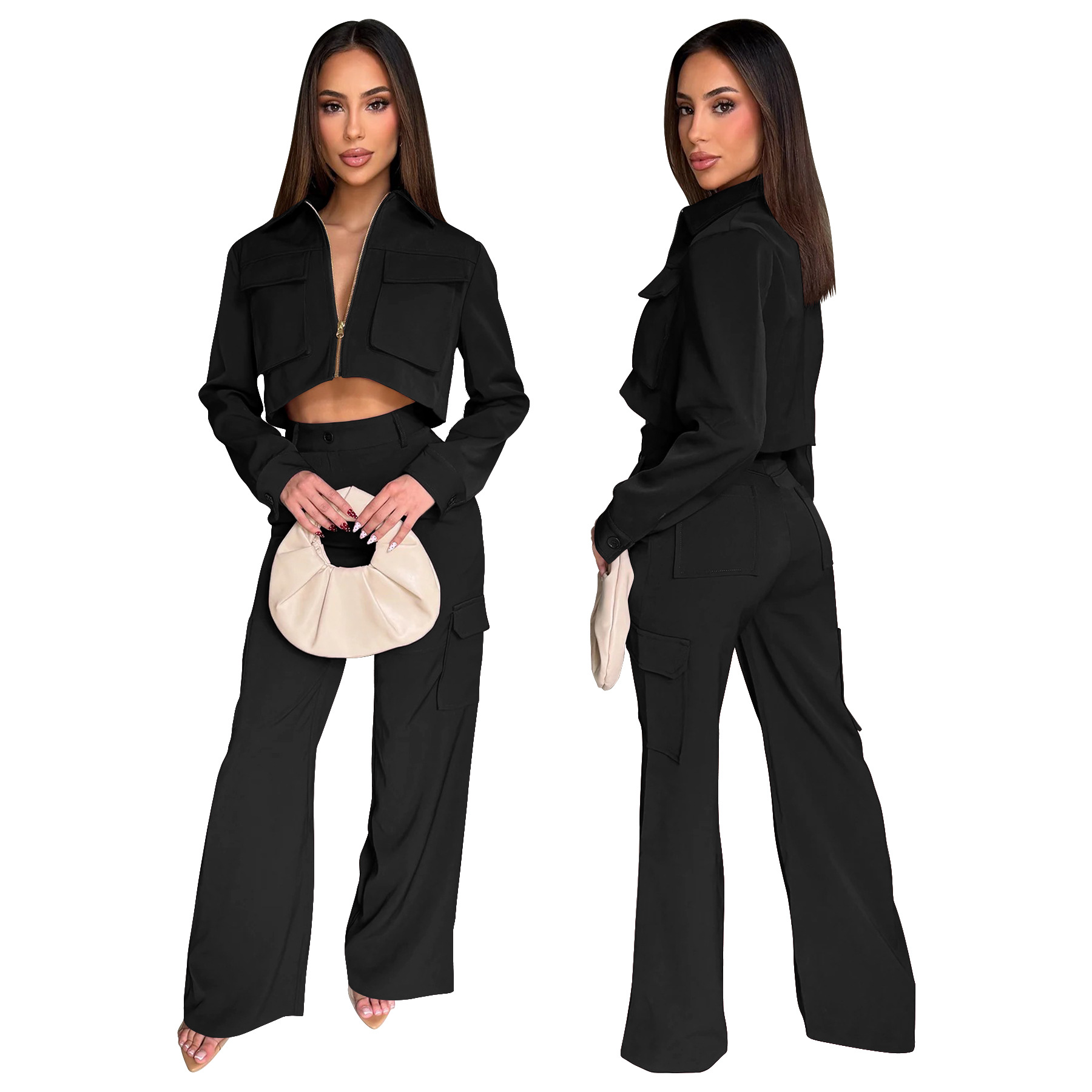 Women's Long Sleeve Turndown Collar Zipper Top Cargo Pants Set