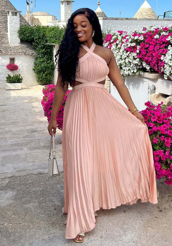 Women's Sexy Halter Neck Solid Color Open Waist African Chic Dress