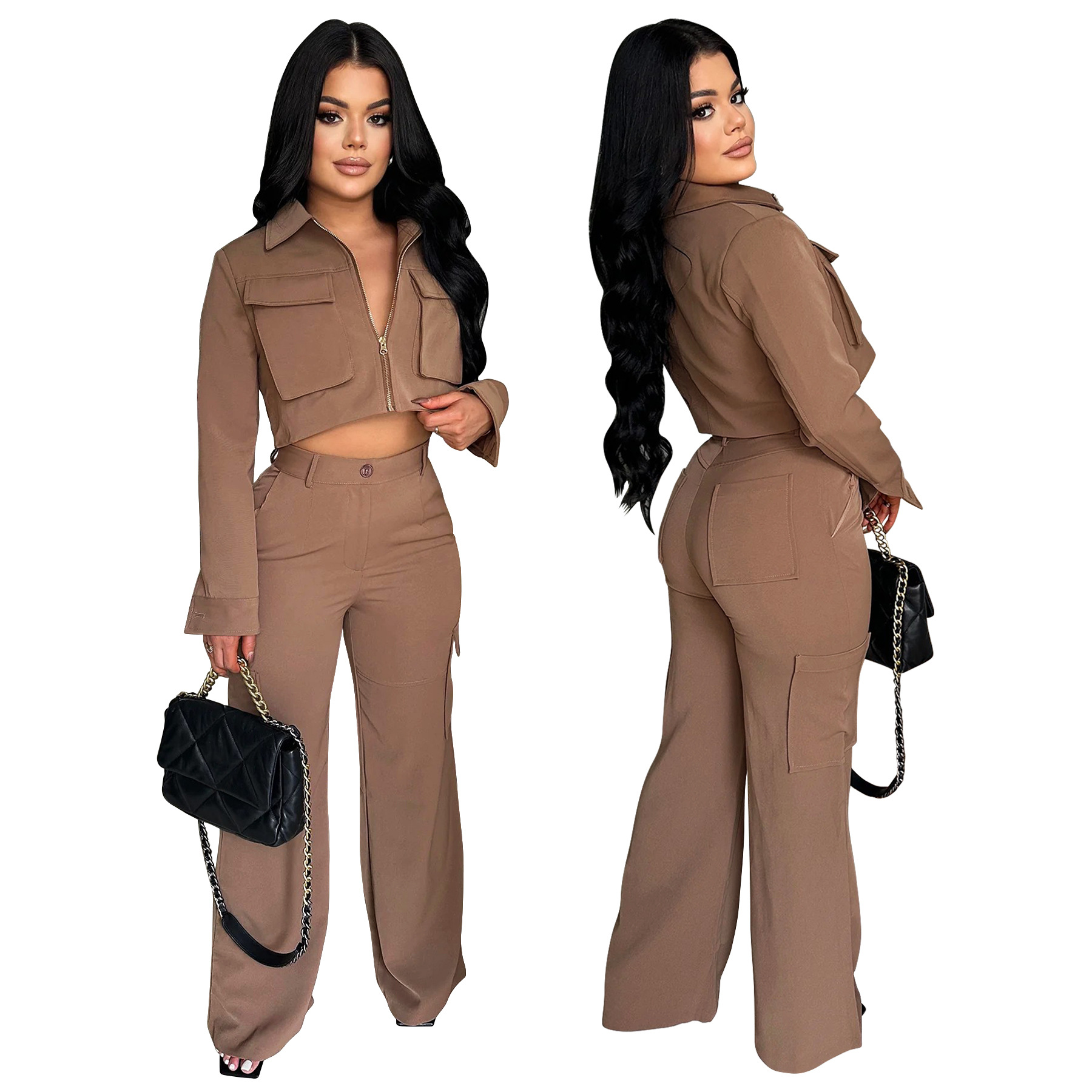 Women's Long Sleeve Turndown Collar Zipper Top Cargo Pants Set