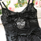 Women's Mesh Beaded Crystal Lace See-Through High Slit Lace-Up Slip Dress