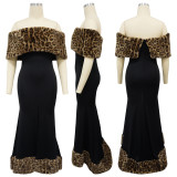 Women's Fashion Leopard Print Fur Off Shoulder Mermaid Dress