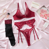 Women's Lingerie See-Through Lace Embroidered Trim Bra Set