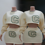 Women's Autumn Letter Embroidered Long Sleeve Round Neck Top Skirt Set