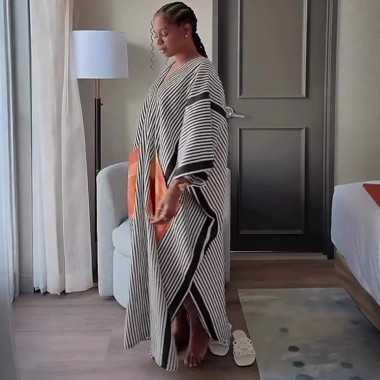 Women's Plus Size Loose Pocket Color Block African Trendy Dress