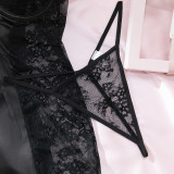Women's Lingerie Black Lace Patchwork Satin Lace-Up Slim Fit Dress