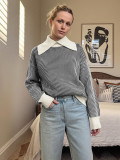 Women's Autumn Winter Casual Turndown Collar Patchwork Striped Sweater