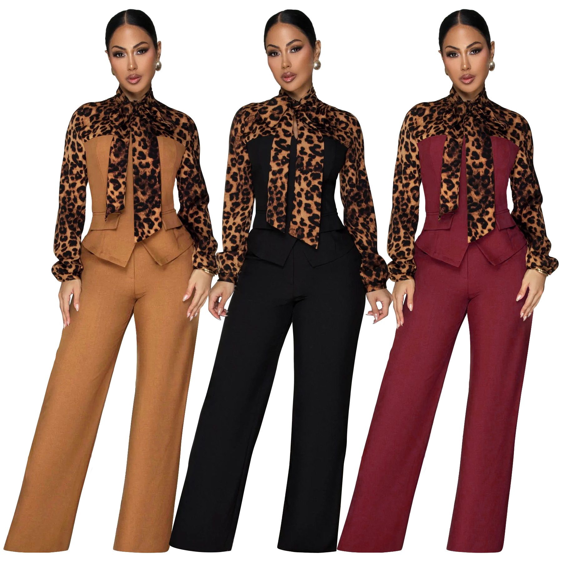 Women's Autumn Fashion Leopard Print Tie Neck Casual Two Piece Pants Set