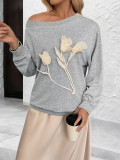 Women's Autumn Casual Flower Slash Neck Gray Long Sleeve Top