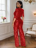 Sexy V-Neck Half-Sleeve Slim Sequin Women Party Jumpsuit