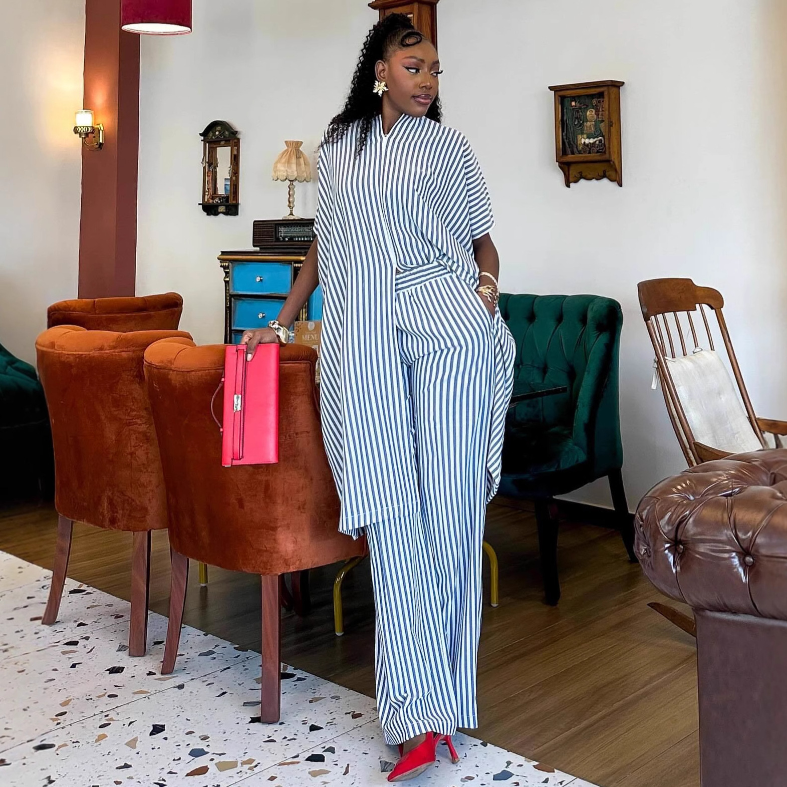 Women's Casual Short Sleeve Striped High Waist African Pants Set