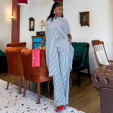 Women's Casual Short Sleeve Striped High Waist African Pants Set