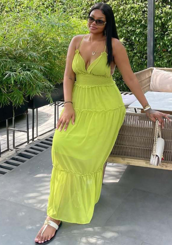 Women's Summer Solid Color Strap Slim Waist African Chic Dress