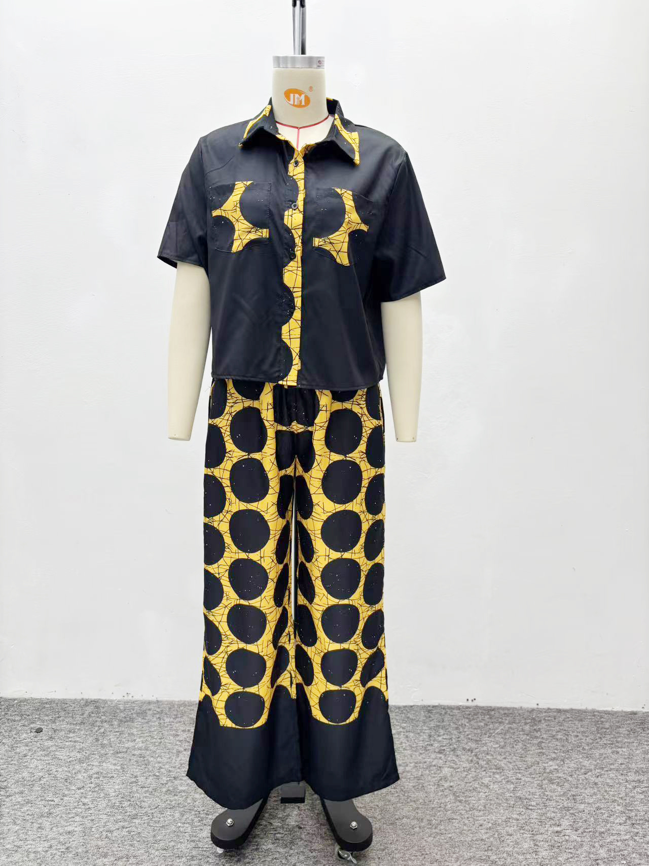 Women's Plus Size Polka Dot Turndown Collar African Pants Set