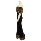 Women's Fashion Leopard Print Fur Off Shoulder Mermaid Dress