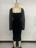 Women's Patchwork Mesh Puff Sleeve Square Neck Low Back Bodycon Dress