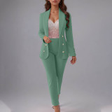 Women's Fashion Button Front Slim Fit Turndown Collar Chic Blazer Pants Set