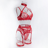 Women's Lingerie Lace Trim See-Through Halter Neck Bra Garter Set
