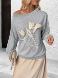 Women's Autumn Casual Flower Slash Neck Gray Long Sleeve Top