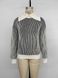 Women's Autumn Winter Casual Turndown Collar Patchwork Striped Sweater