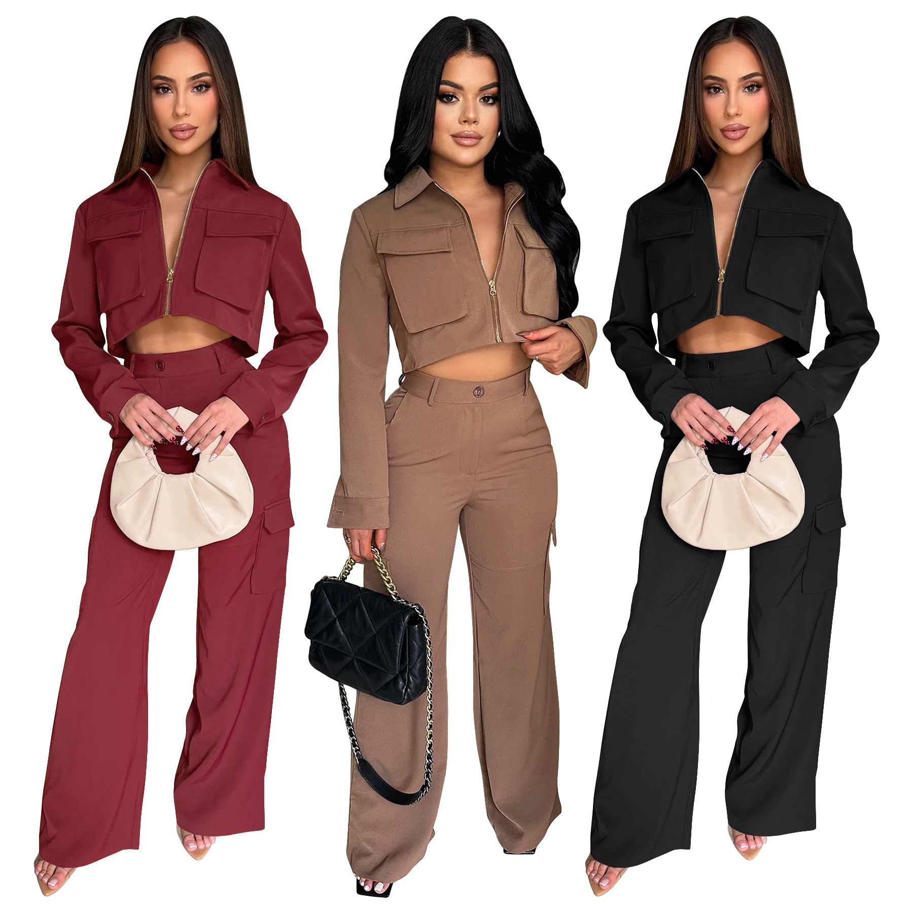 Women's Long Sleeve Turndown Collar Zipper Top Cargo Pants Set