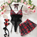 Women's Lingerie Red Grid Uniform Bow Maid Four-Piece Set