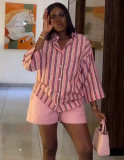 Women's Loose Chic Pink Striped Shirt African Shorts Set