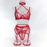 Women's Lingerie Lace Trim See-Through Halter Neck Bra Garter Set