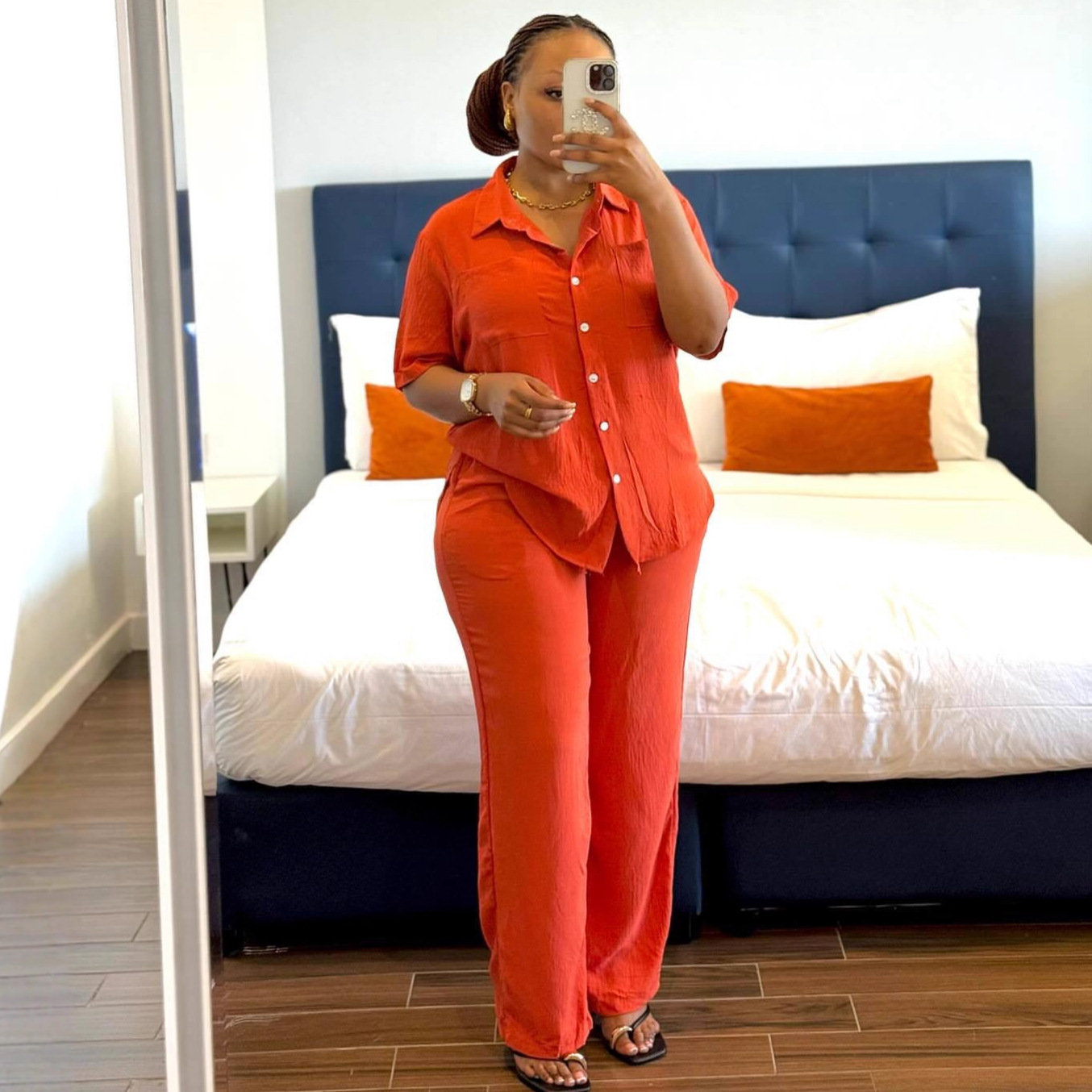 Women's Plus Size Casual Loose Turndown Collar Solid Color African Pants Set