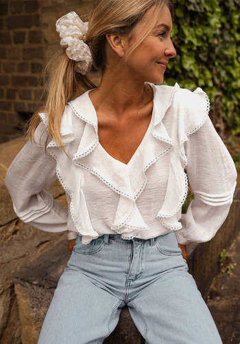 Women's Autumn Lace Ruffle V-Neck White Shirt