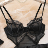 Women's Lingerie Sexy Black Lace See-Through Hollow Out Mesh Bodysuit