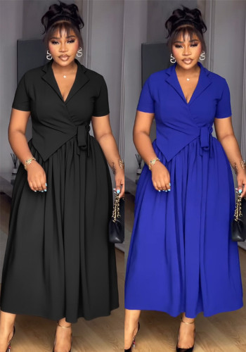 Women's Elegant Career Turndown Collar Slim Waist Belt Midi Dress