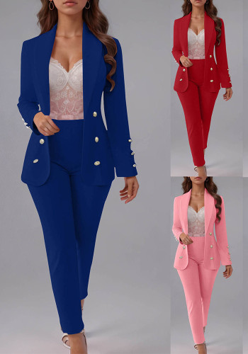 Women's Fashion Button Front Slim Fit Turndown Collar Chic Blazer Pants Set