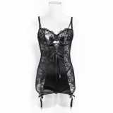 Women's Lingerie Black Lace Patchwork Satin Lace-Up Slim Fit Dress