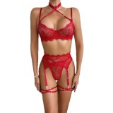 Women's Lingerie Lace Trim See-Through Halter Neck Bra Garter Set