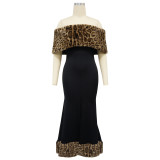 Women's Fashion Leopard Print Fur Off Shoulder Mermaid Dress