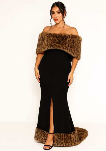 Women's Fashion Leopard Print Fur Off Shoulder Mermaid Dress
