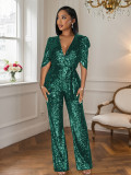 Sexy V-Neck Half-Sleeve Slim Sequin Women Party Jumpsuit