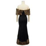 Women's Fashion Leopard Print Fur Off Shoulder Mermaid Dress