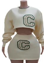 Women's Autumn Letter Embroidered Long Sleeve Round Neck Top Skirt Set