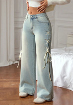 Women's Plus Size Ribbon Side Stretch Sweet Loose Denim Pants