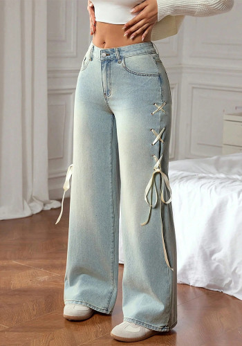 Women's Plus Size Ribbon Side Stretch Sweet Loose Denim Pants