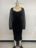 Women's Patchwork Mesh Puff Sleeve Square Neck Low Back Bodycon Dress
