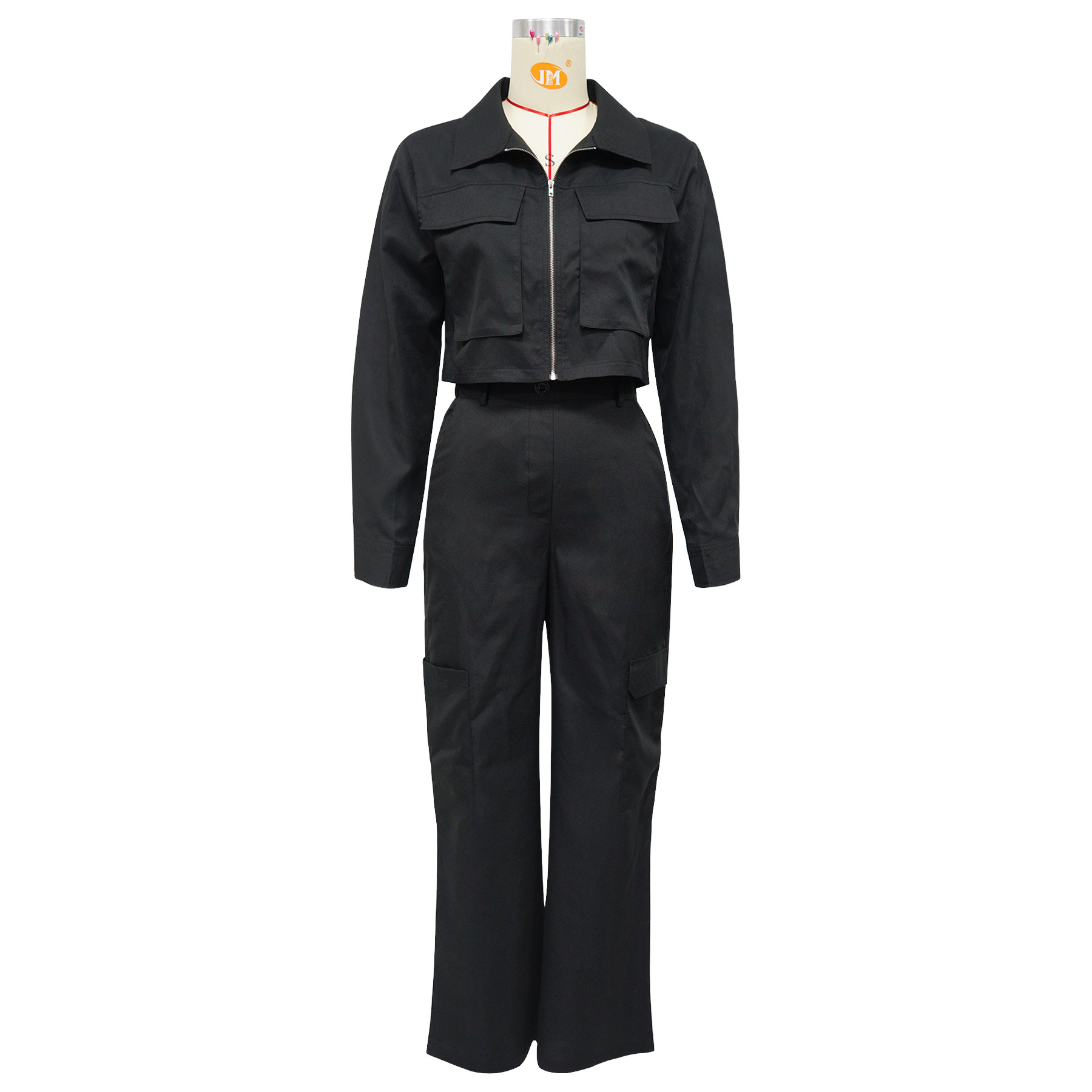Women's Long Sleeve Turndown Collar Zipper Top Cargo Pants Set