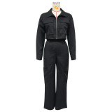 Women's Long Sleeve Turndown Collar Zipper Top Cargo Pants Set